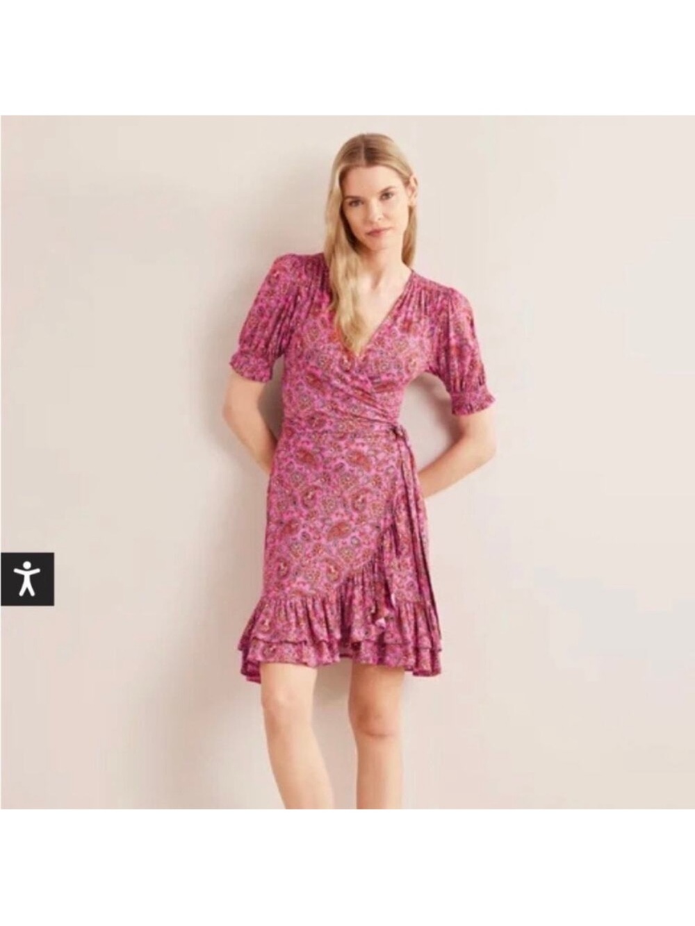 Boden Pink Floral Paisley Ruffle Wrap Jersey Mini Dress Sz.8R‎